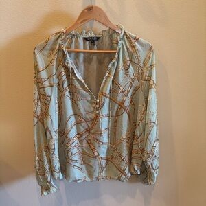 LAUREN Ralph Lauren Women's mint green and Brown Patterned Blouse Large